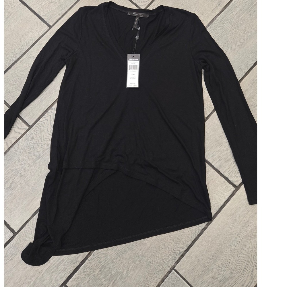 BCBGMAXAZRIA Womens Black Long Sleeve V-Neck High-Low Asymmetric Hem Top XS NWT
